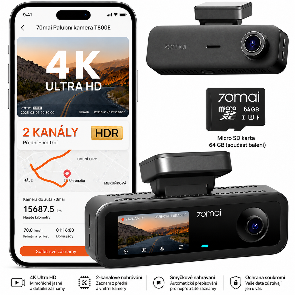 4K palubní kamera do auta, přední a zadní, vnitřní, 3kanálová palubní kamera do auta, palubní kamera s GPS, Wi-Fi 6, hlasové ovládání, parkovací monitor, noční vidění, smyčkové nahrávání, 64GB SD karta v balení (T800E)