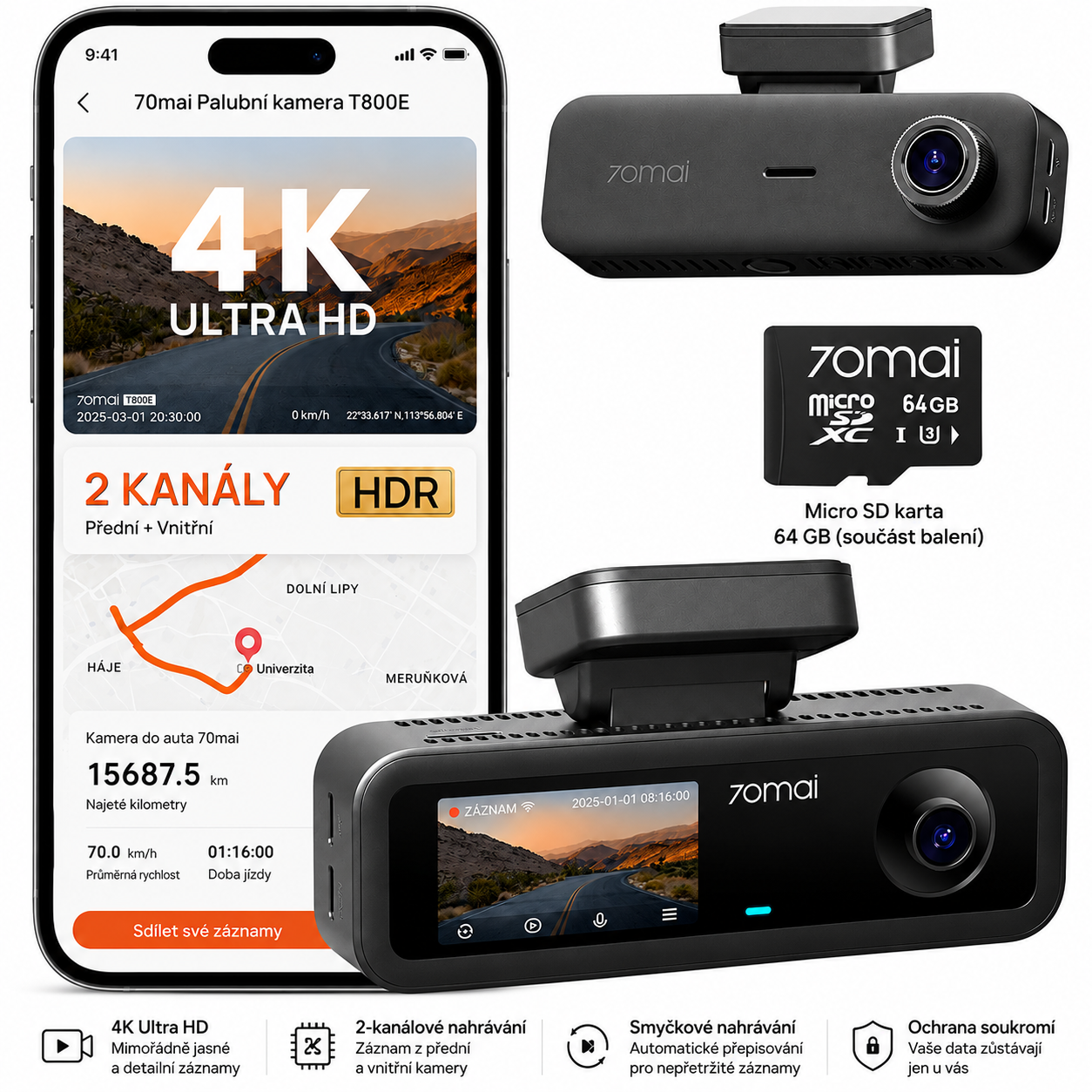 4K palubní kamera do auta, přední a zadní, vnitřní, 3kanálová palubní kamera do auta, palubní kamera s GPS, Wi-Fi 6, hlasové ovládání, parkovací monitor, noční vidění, smyčkové nahrávání, 64GB SD karta v balení (T800E)