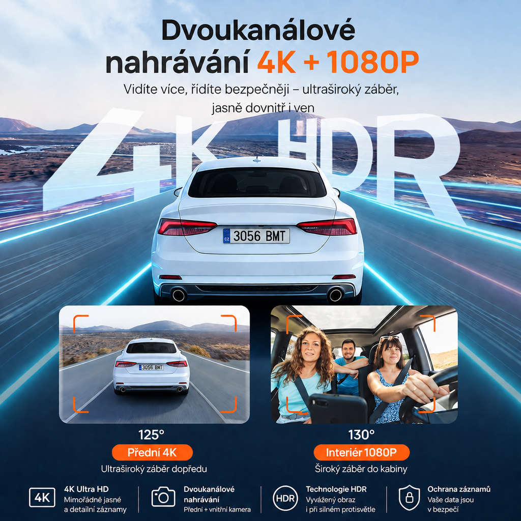 4K palubní kamera do auta, přední a zadní, vnitřní, 3kanálová palubní kamera do auta, palubní kamera s GPS, Wi-Fi 6, hlasové ovládání, parkovací monitor, noční vidění, smyčkové nahrávání, 64GB SD karta v balení (T800E)